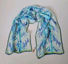 Talbots Silk Chiffon Rectangle Scarf Blue Bamboo Print Sheer NEW Botanical Chic