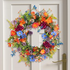 20" Colorful Wildflower Spring Summer Wreath with Green Leaves, Floral Artifi...