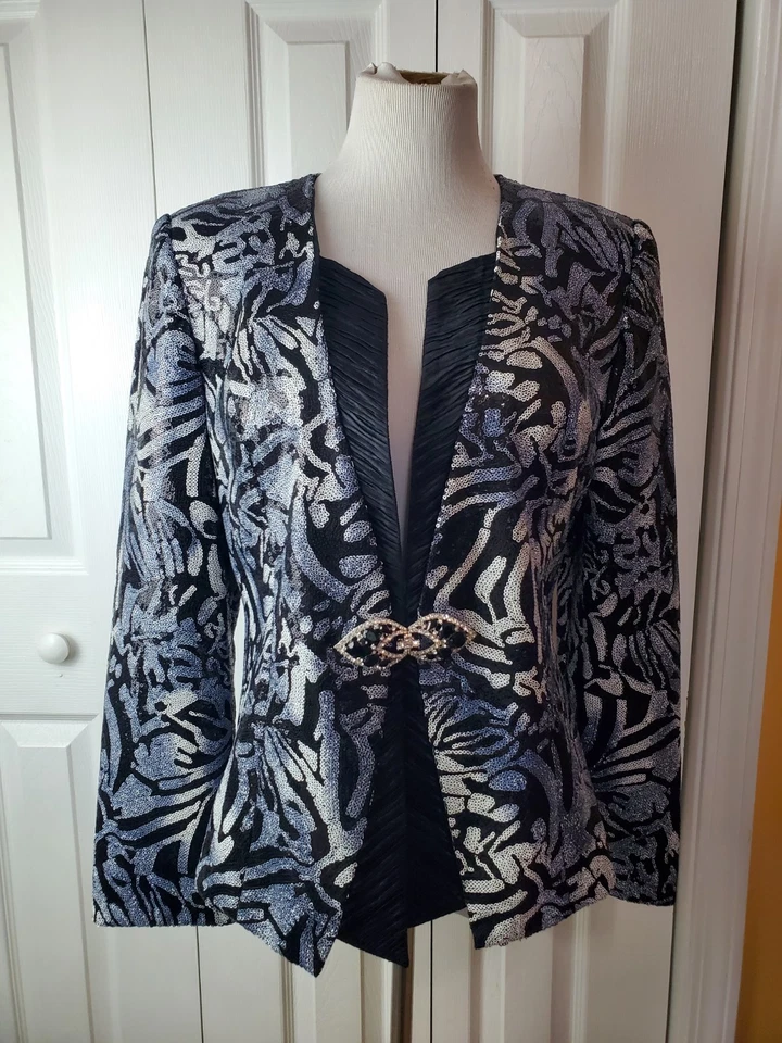 Blazer de noche formal secuenciado Nina Massini azul negro talla 8 Foto 2 de 4