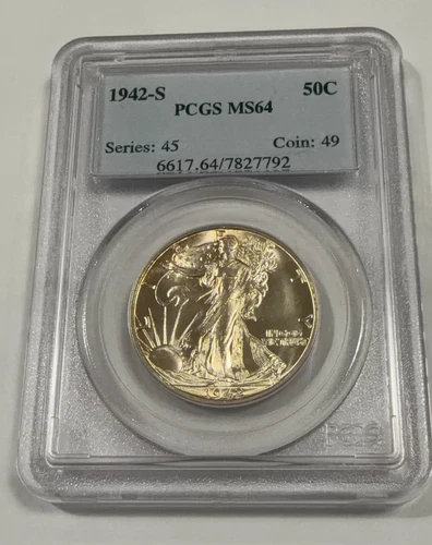 1942-S WALKING LIBERTY HALF DOLLAR PCGS MS64 Beautiful Lightly-Toned Coin