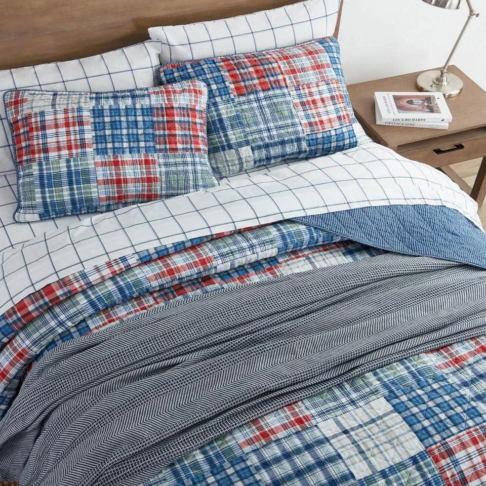Nautica полный/королева лоскутное одеяло комплект 3шт синий клетку лоскутное одеяло двусторонний хлопок 136-TC - Изображение 3 из 4