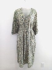 Lovestitch Dress LARGE Leopard Green Midi Tie Waist Pockets NEW Career Tea Party
