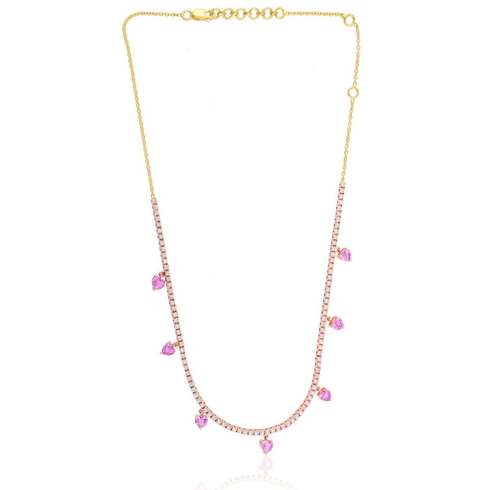 Synthetic Heart Pink Sapphire Round Cut Natural Diamond 18k Rose Gold Necklace - Image 2 of 4
