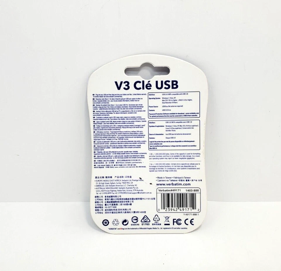 Verbatim Store 'n' Go V3 USB 3.0 Drive Flash Drive 8GB Black/Gray NEW & SEALED - Image 2 of 3