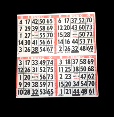 BINGO PAPER Cards Sheets 4 on 1 Red Border EZ READ (LARGER NUMBERS) - 50 Sheets