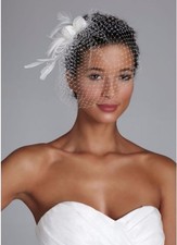 David's Bridal IVORY Netted Bridal Clip with Feather and Pearl Spray VEIL V302
