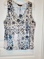 NWT C.O.Z.Y. Cotton Blend White Multicolored Floral V-Neck Sleeveless XL