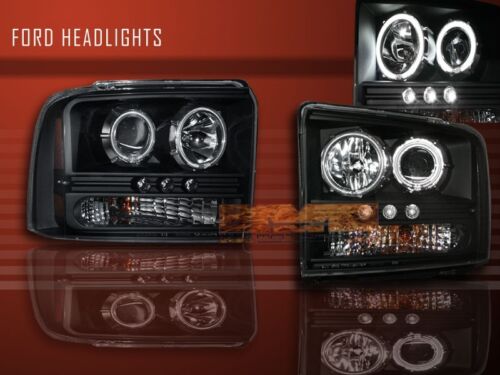 05 06 07 FORD F250 F350 SUPER DUTY TWO HALO LED PROJECTOR HEADLIGHTS CCFL BLACK - Picture 1 of 2