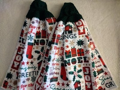 Hand Crocheted Kitchen Dish Towels Christmas Joy, Noel, Home for... Set of 2 New