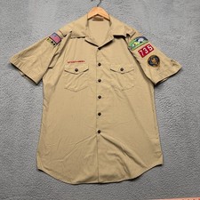 Vintage Boy Scouts Shirt Mens Large Beige Made In USA Short Sleeve Patches Adult