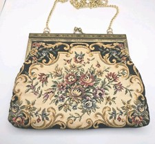 Vtg Tapestry Purse Handbag Floral Shoulder Length Chain Kiss Closure Gold Black