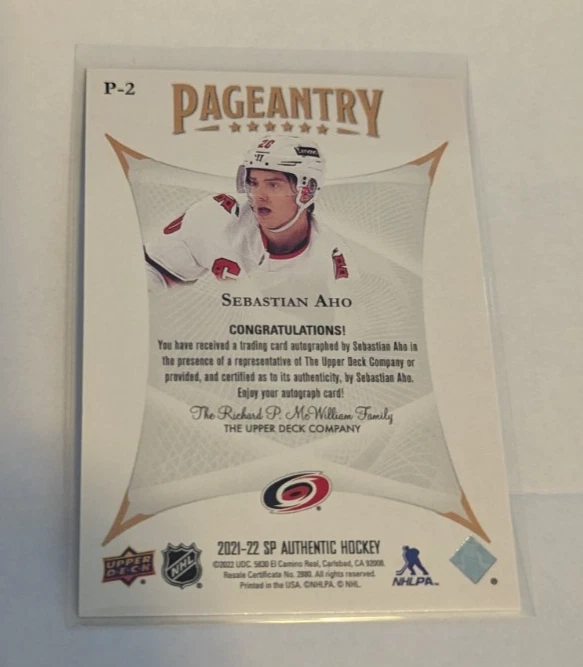 Sebastian Aho Pageantry Auto 2021-22 SP Authentic #P-2 - Image 2 of 2