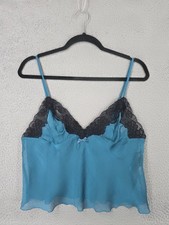 Fredericks Of Hollywood Lingerie Top Large Blue Sheer Camisole With Lace Trim