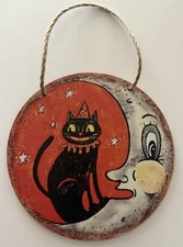 Halloween Vintage Look Wall Art Moon and Whimsical Black Cat Wooden Sign