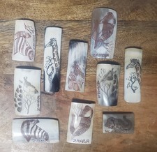 HUGE 10pc Vtg African Carved HORN MAGNETS Set 3" Estate Safari Zambia BIG 5 Art