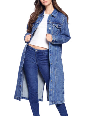 Women's Maxi Length Denim Cotton Oversize Long Casual Coat Button Up Jean Jacket