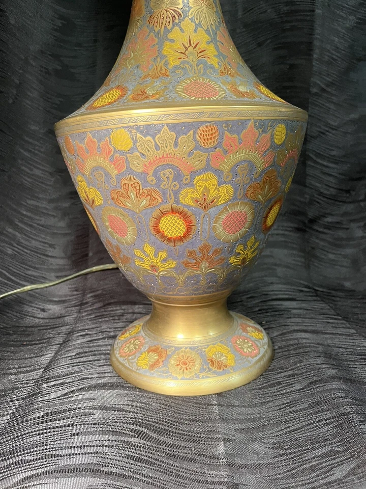 Antigua lámpara turca de latón esmaltado de los años 30 flores florales colorida rara Foto 3 de 4