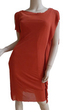 Halston Heritage Dress MEDIUM Mesh Overlay Asymmetric Raw Edge Burnt Persimmon