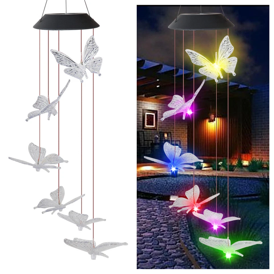 Large Crystal Butterfly Wind Chime Solar Powered Lights Color-Changing Decor - Image 3 of 4