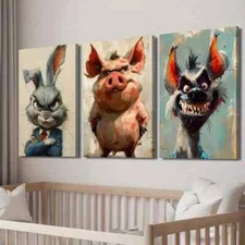 3pcs Bunny in Suit Whimsical Hyena and Pig Wall Art Canvas Framed 50x70cm