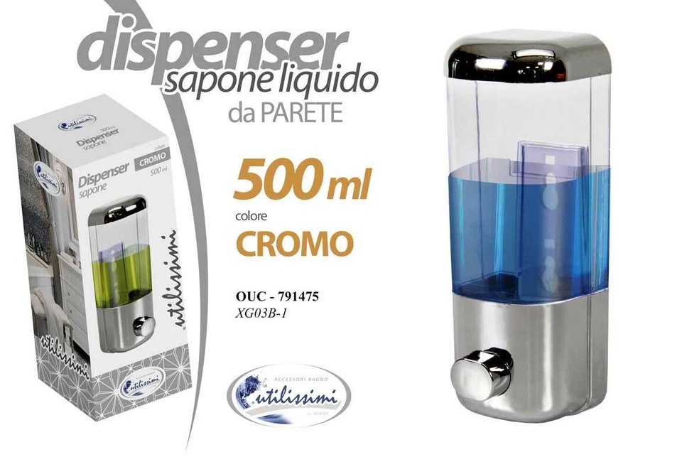 DISPENSER 500 ML PORTA SAPONE LIQUIDO PARETE MURO IGIENIZZANTE IGIENIZZA CROMO - Immagine 2 di 4