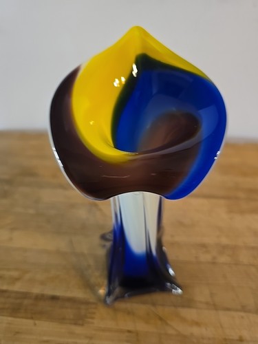 VINTAGE HAND BLOWN ART GLASS JACK IN THE PULPIT LILY VASE BLUE WHITE YELLOW - Picture 8 of 14