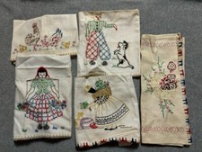 Vintage Kitchen Dish Towels Lot of 5 Embroidered: women, strawberries, hens