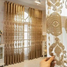 European Golden Flower Embroidery Sheer Curtains Villa Luxury Grommet Top Voi...