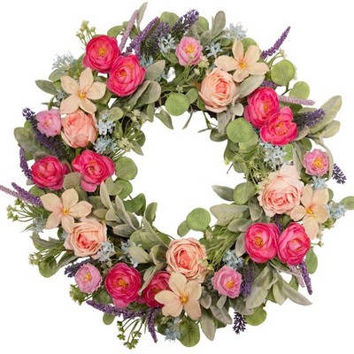 24 Inch Spring Wreath for Front Door, Magenta Pink Rose Floral Wreath with La...