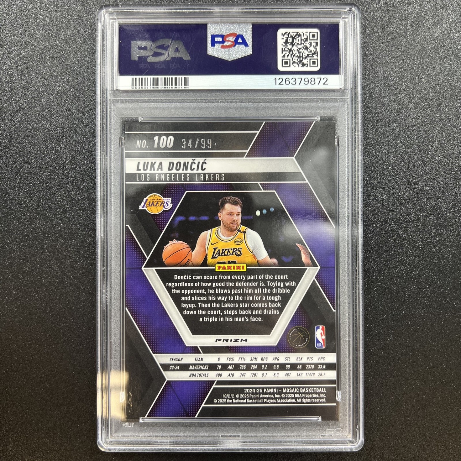 Luka Doncic /99 100 Purple PSA 9 2024-25 Panini Mosaic Basketball NBA LA Lakers view 2