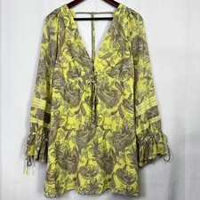 Urban Outfitters Mini Dress Paisley Boho Tie Long Sleeve XL Womens Summer Yellow