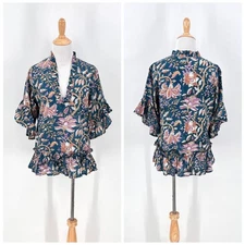 FITZROY AND WILLA Soleil Floral Ruffle Top Womens Medium Teal Boho Cotton Blouse