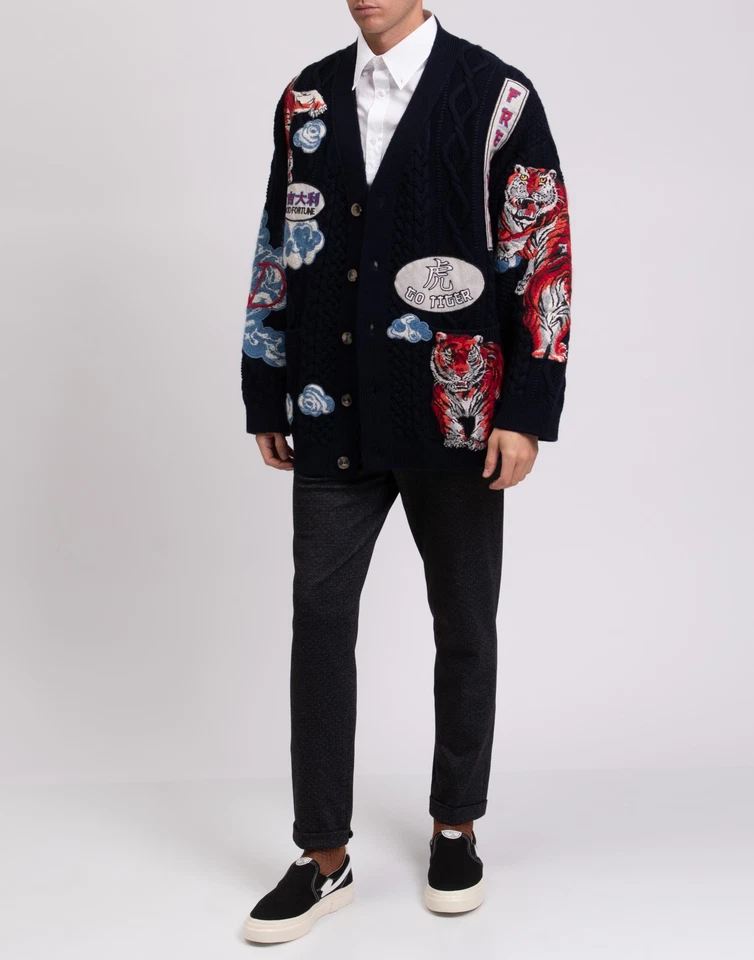 RRP €3410 VALENTINO Chunky Knit Cardigan Size S Embroidered Tigers Patch V-Neck - Image 2 of 4