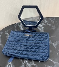 Christian Dior Quilted Makeup Case Pouch  Mirror Set in Navy Blue AUTHENTIC