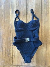 Black Textured One Piece Swimsuit Belted Built-In Bra Underwired Strap Women