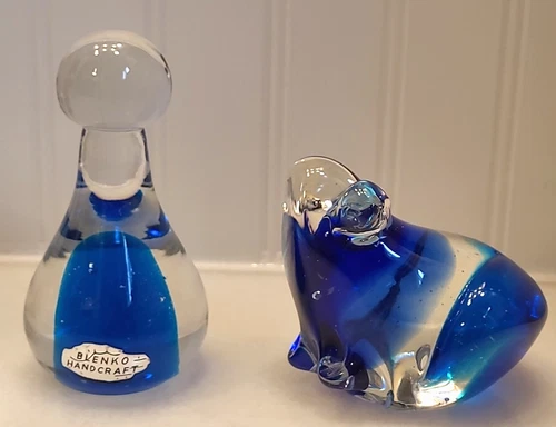 Lot of 2 BLENKO Glass Clear & Cobalt Blue Air Bubble Paperweights Teardrop Frog