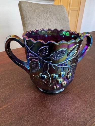 Fenton Art Glass Cherry Amethyst Carnival Glass Sugar Bowl.