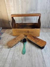 Vintage Wooden Shoe Shine Caddy Box w/ Brushes  Storage Box