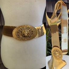 Vtg Disco Glam Stretch Belt Gold Tone Fish Scale Lion Theme Fits 26-32  