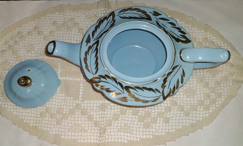 Rare Blue SADLER England Porcelain Lamp Shape TEAPOT Heavy Gilt Leaves & Trim - Picture 8 of 12