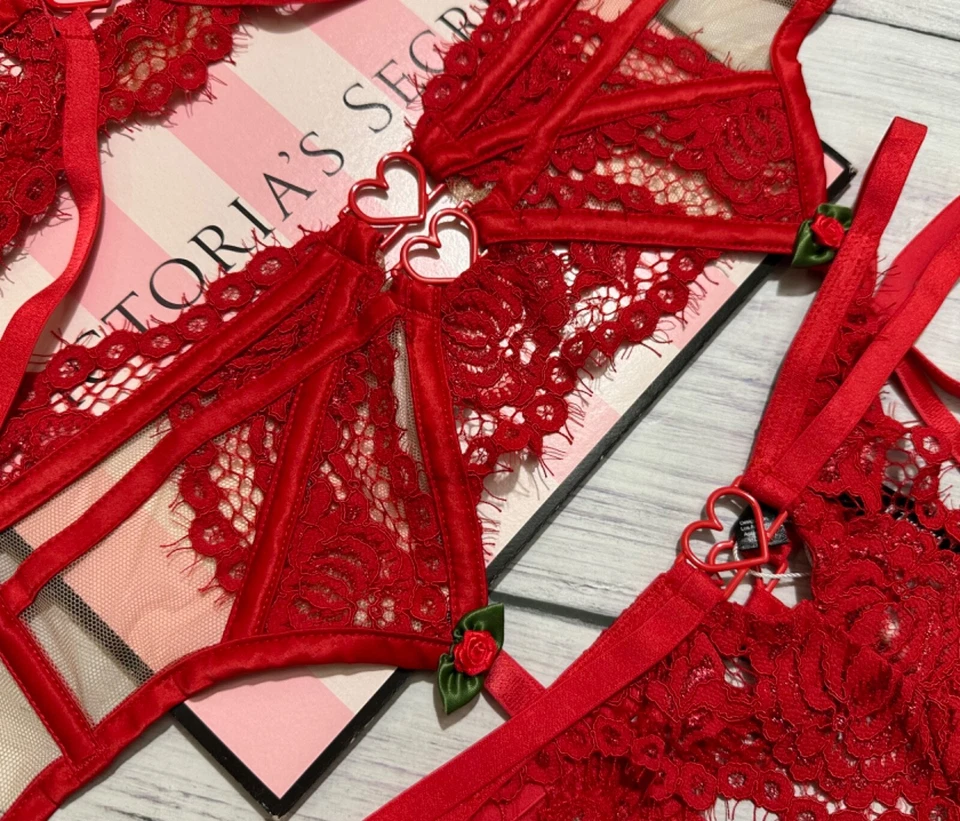 VS by FOR LOVE & LEMONS Rose Lace Heart Underwire Bra Garter Thong Set - Image 2 of 4