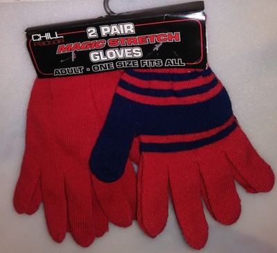 CHILL FACTOR 2 PAIR ADULT MAGIC STRETCH GLOVES 1 RED & 1 RED & BLUE ONE SZ A-18