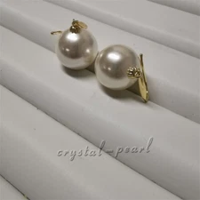 AAA 16mm natural Australian south sea white shell pearl earrings 14K gold