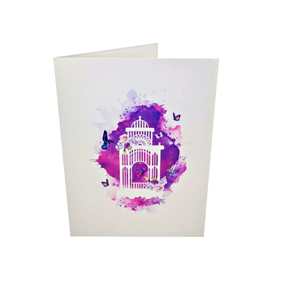 Tarjeta de felicitación emergente Gazebo flor púrpura mariposas - diseño hecho a mano en 3D Foto 4 de 4