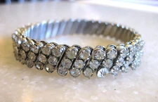 Vintage Silver Tone Expandable Bracelet / Diagonal Rows of Rhinestones / JAPAN