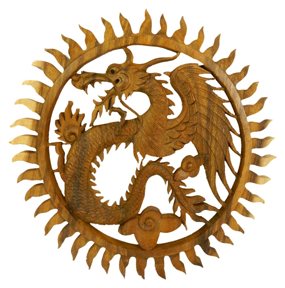 Wooden Dragon Wall Art Carving Hanging Tile Plaque - Large Circle Dragon 40cm