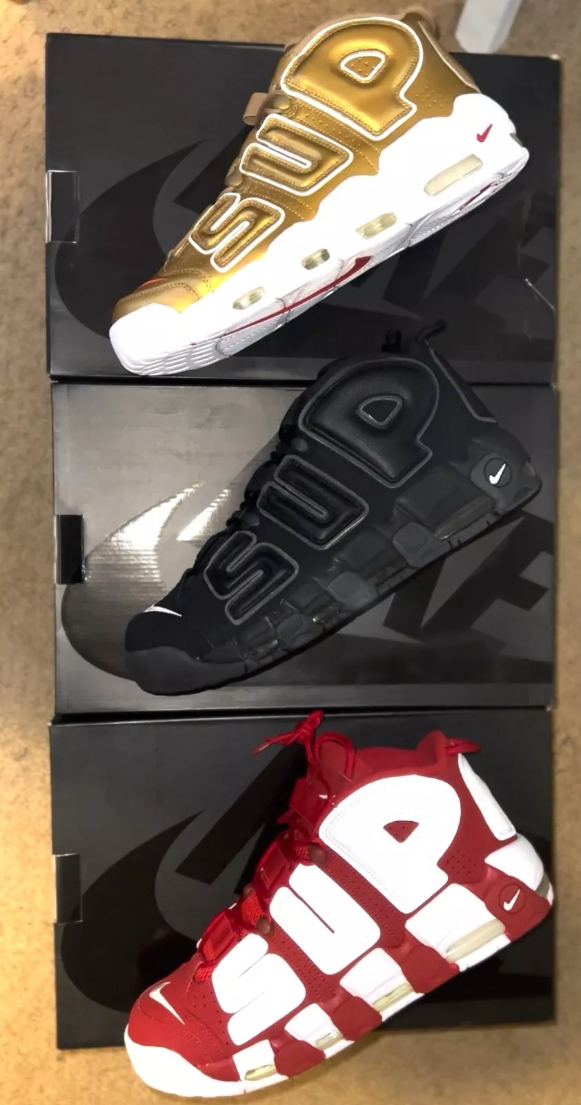 Nike Air More Uptempo x Supreme noir or rouge 2017 taille 12 toutes 3 paires Suptempo