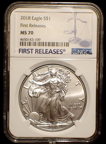 2018 American Silver Eagle $1, 1 oz. .999 Fine, First Releases Label, NGC MS70