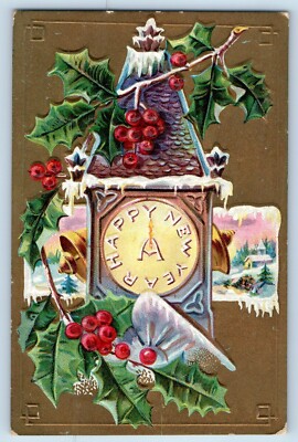 New Year Postcard Clock Holly Berries Winter Scene Embossed c1910's Antique