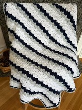Handmade Crochet Shell Baby Blanket Afghan Throw Blue Gray White Acrylic 35 x 34